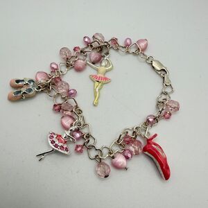 7.5" Solid Sterling silver Pink Ballerina Charm Bracelet w/ heart links!